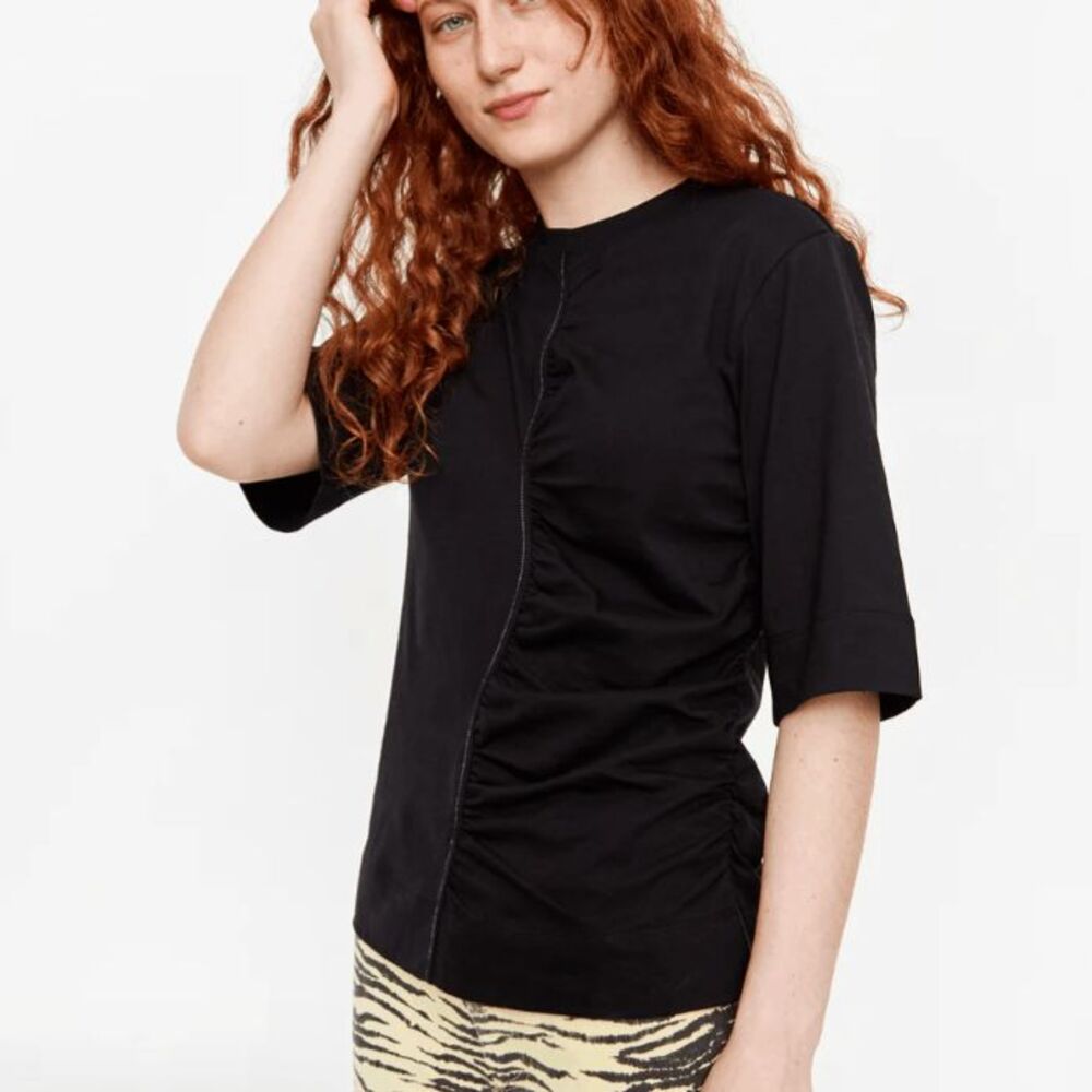 NWT Ganni Organic Cotton Jersey Rouched Short sleeve‎ T-Shirt Black Size Small